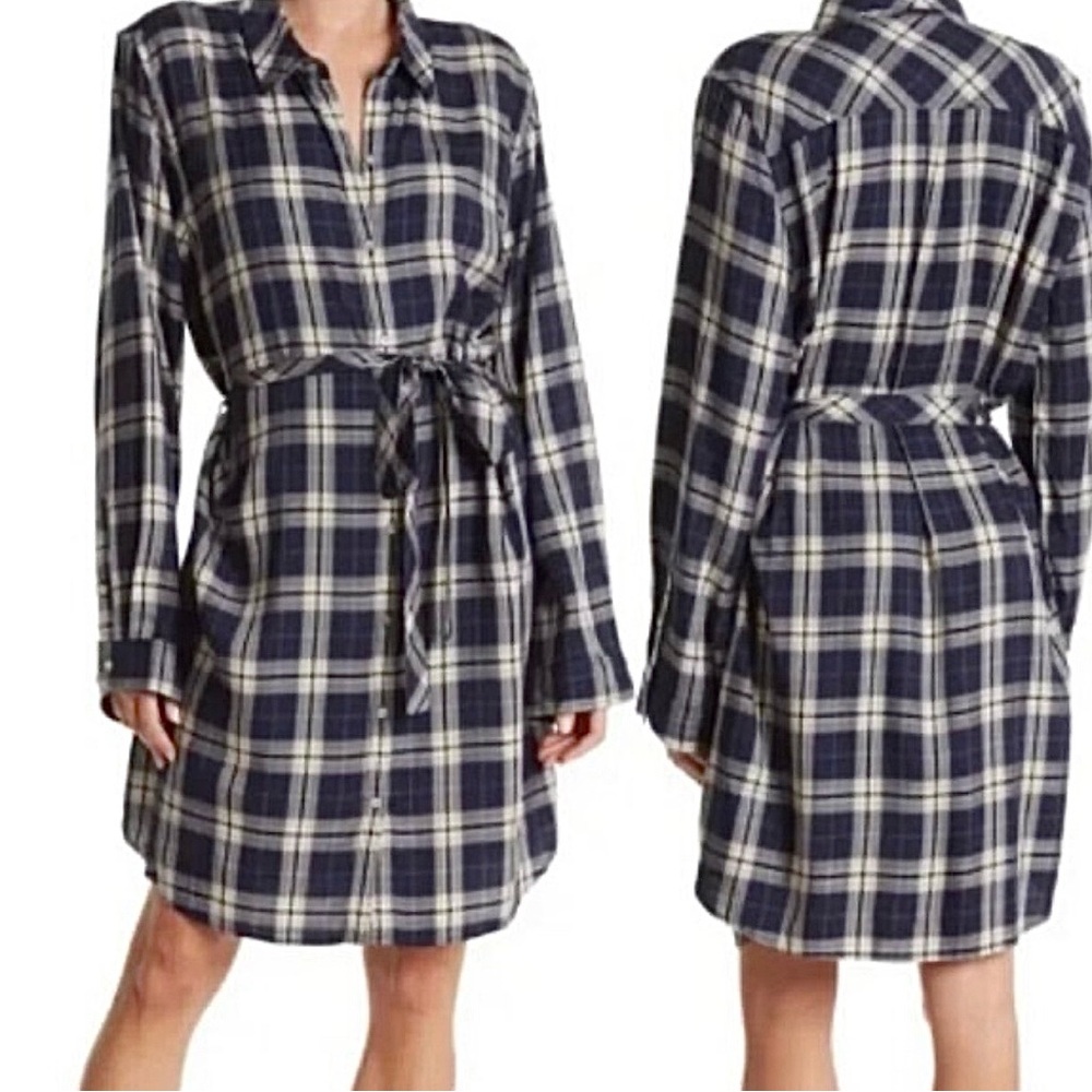 Faherty Lakeridge Blue Cream Plaid Tie Waist Long Sleeve Shirt Dress
